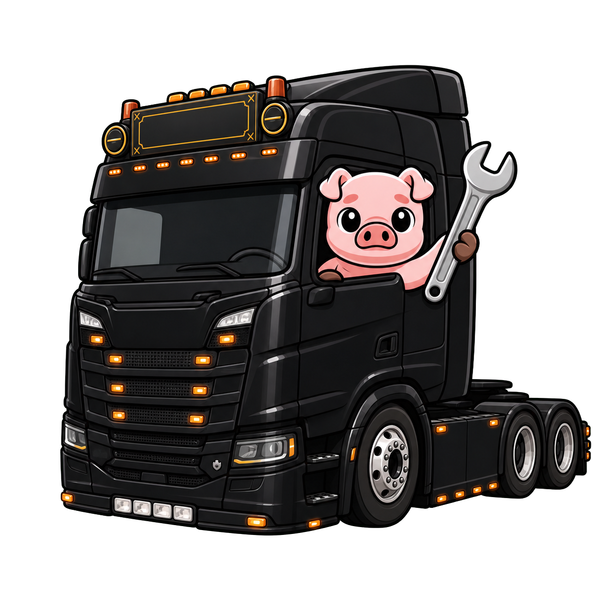Porky mascot driving a black European truck